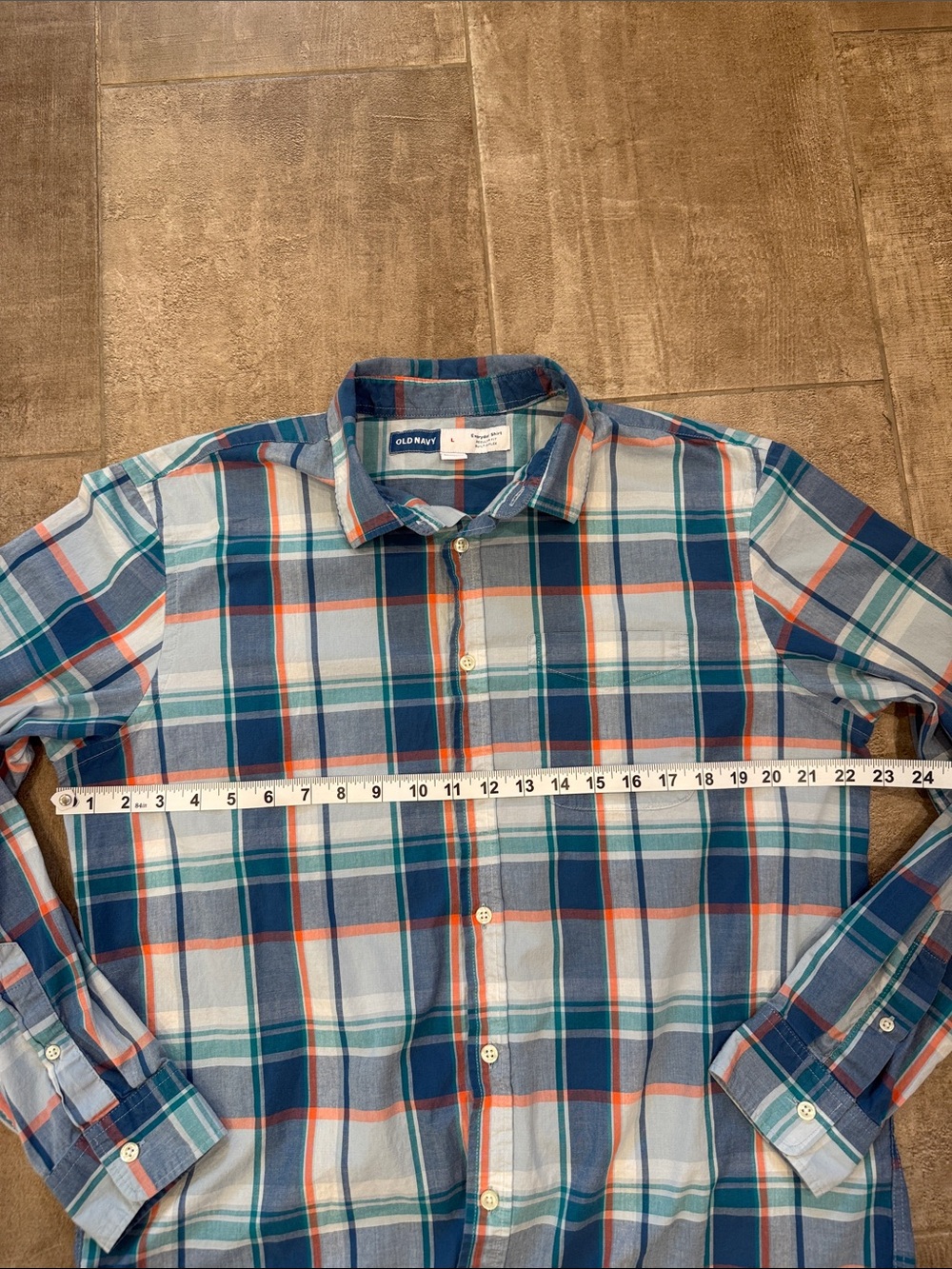 Old Navy Men’s Teal & Blue Plaid Button-Down Shirt with Orange Accents - Picture 3 of 7
